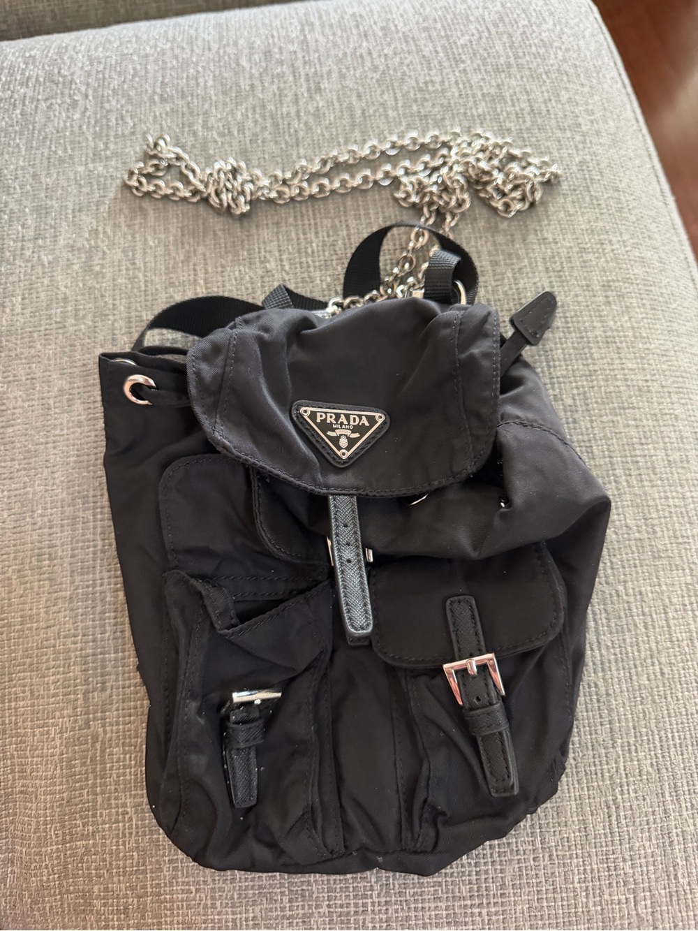 Prada Black Nylon Mini Backpack with Chain Strap
